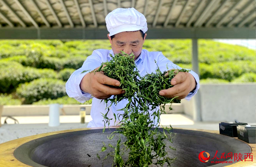 非遺代表性傳承人現(xiàn)場(chǎng)展示紫陽(yáng)毛尖手工制茶。人民網(wǎng)記者 鄒星攝